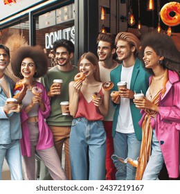 A person with many friends at the door of a dunkin donuts, everyone is happy, having coffee, eating donuts and wearing colorful, modern clothes