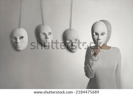 person with mask does not want to hear the judgment of other masks, concept of judgment and introspection 
