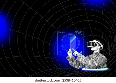 Person in military uniform using VR headset, interacting with digital interface. VR technology in military, futuristic interface, digital innovation. Creative futuristic digital remix design - Powered by Shutterstock