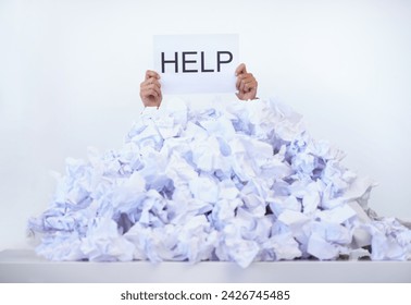 Person, office and hands with pile of paperwork, sign and help with burnout, stress and administration. Debt, bills and worker lost in documents, overworked and overwhelmed with pressure at desk. - Powered by Shutterstock