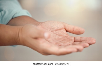 Person Open Hands For Charity, Support Or Poverty With Lens Flare And Mockup. Community, Love And Care With Empty Palms In Prayer, Hope Or Faith Icon Or Sign For Advertising Or Marketing With Mock Up