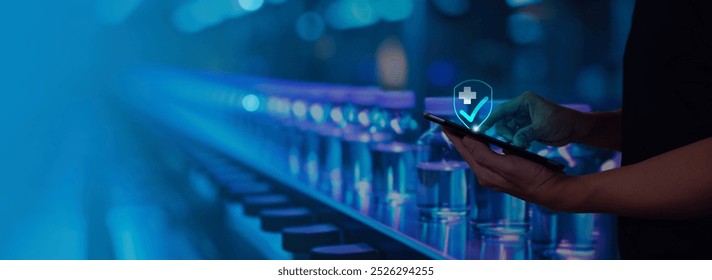 person operates a tablet while inspecting medical vials on a production line. A digital checkmark icon signifies approval and quality assurance, with a glowing blue background              - Powered by Shutterstock