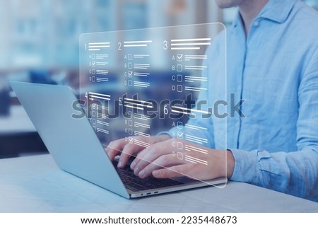 Person passing online test, assessment or academic exam and answering multiple choice questions on computer screen. E-learning, remote student, survey, questionnaire, quiz on internet. MCQ.