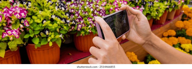 Person photographing colorful flowers in pots with a smartphone, capturing nature and springtime joy - Powered by Shutterstock