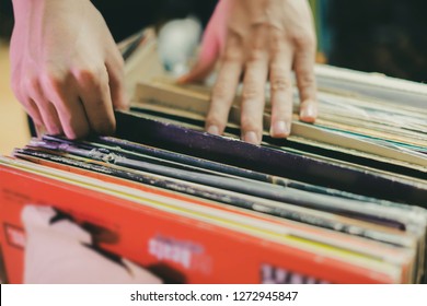 Person Pick Vinyl Record Crate Digging Collection