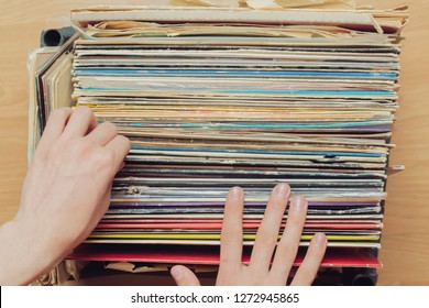 Person Pick Vinyl Record Crate Digging Collection