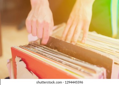 Person Pick Vinyl Record Crate Digging Collection