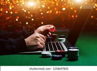 Person Playing Online Poker And Looking Winning Cards. Concept Win And Lose In Casino.