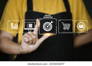  person is pointing at a digital marketing image. A person pointing at a target with a bullseye, a shopping cart, and a person with a bow and arrow - Powered by Shutterstock