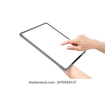 A person is pointing at a tablet with a white background. The tablet is a smart device that can be used for various purposes such as browsing the internet, watching videos, or playing games - Powered by Shutterstock