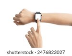 A person is pointing at a watch with a white face. The watch is on their wrist and is set to the time of 10:00