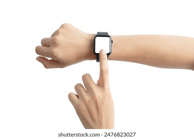 A person is pointing at a watch with a white face. The watch is on their wrist and is set to the time of 10:00