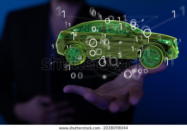 A person presenting a 3D render of\
autonomous driving with an electric\
car