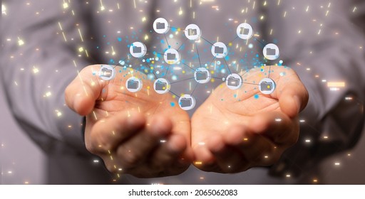 A person presenting a 3D render of data network symbols