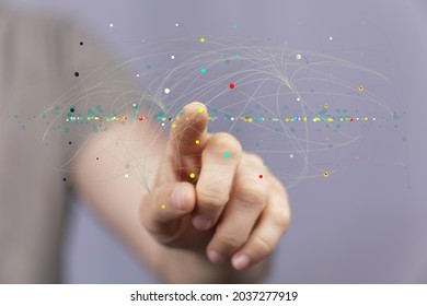 A person presenting a 3D render of molecular surface with DNA- Network with connecting dots and lines