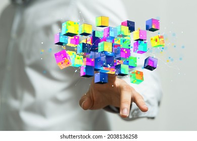 A person presenting a 3D render of polygonal wireframe art - cloud technology