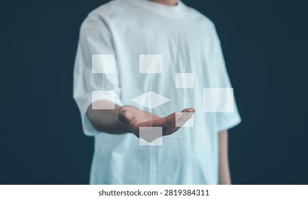 Person presenting a digital flowchart interface with process mapping, workflow automation, decision logic and business planning, illustrating project management, system design and optimization.