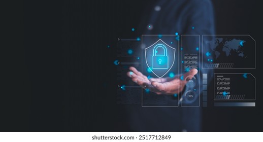 A person presenting a digital security shield symbol, representing modern cybersecurity and data protection innovations.