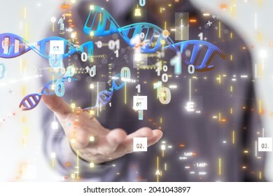 A person presenting the virtual projection of DNA sequences and binary codes