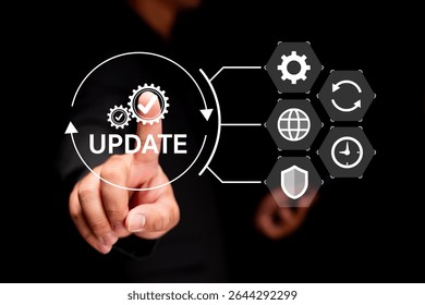 A person presses a virtual "UPDATE" button surrounded by icons symbolizing settings, security, global connectivity, synchronization, and time.