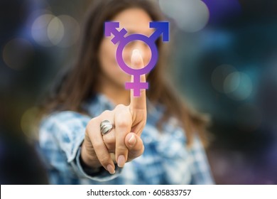 Person Pressing Transgender Symbol On Touch Screen. LGBT Rights Concept. Transgender Person Coming Forward About Sexuality Orientation. 