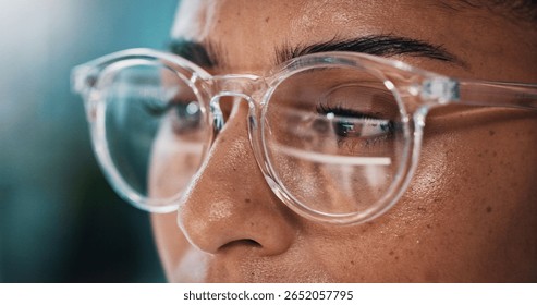 Person, programmer and eyes with glasses for coding, software development or research in office. Closeup, employee or vision with lens, spectacles or sight for programming app, information or API