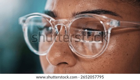 Person, programmer and eyes with glasses for coding, software development or research in office. Closeup, employee or vision with lens, spectacles or sight for programming app, information or API