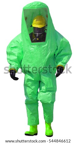 person with protective green suit with breathing apparatus and anti contamination filters against biohazard and white background