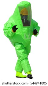 Person With Protective Suit With Breathing Apparatus And Anti Contamination Filters Against Biohazard And White Background