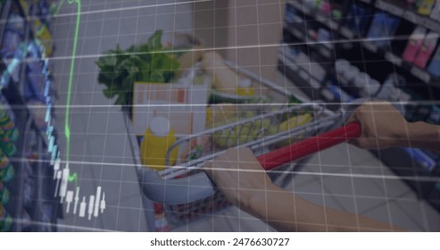 Person pushing shopping cart filled with groceries in a supermarket. Transparent financial graph overlay suggests economic analysis or market trends - Powered by Shutterstock