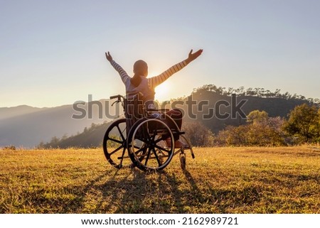 Person raised arms sitting on a wheelchair enjoying sunset mountain background.