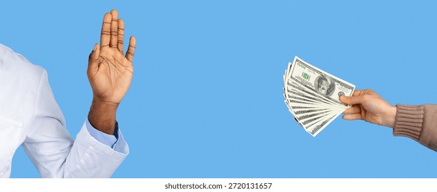 Person Refusing Money While Another Offers Cash in a Neutral Setting
