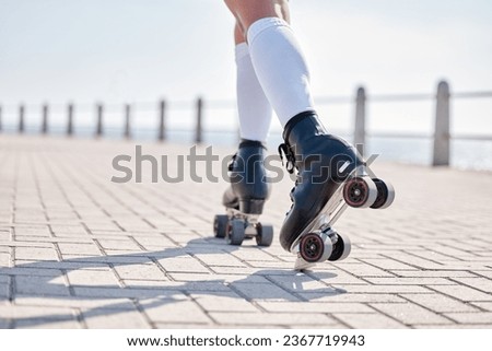 Person, roller skate and exercise in closeup for summer, alone or back view with skill, balance and sport. Model, caucasian and boardwalk for fitness, activity or wellness in race, cardio or health