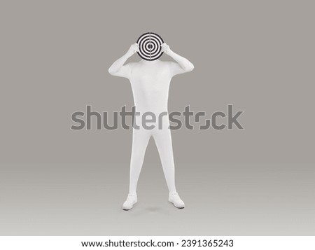 Person with round target board instead head. Man wearing white spandex bodysuit costume standing on grey background hiding face behind archery goal circle that he is holding. Target audience concept