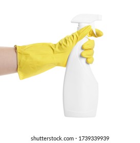 Person in rubber glove with detergent spray on white background, closeup of hand - Shutterstock ID 1739339939