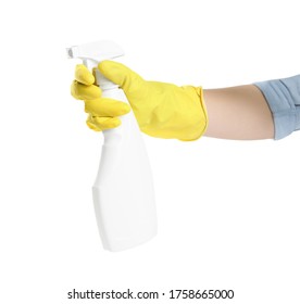 Person in rubber glove with detergent spray on white background, closeup of hand - Shutterstock ID 1758665000
