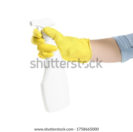 Person in rubber glove with detergent spray on white background, closeup of hand