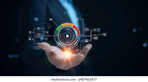 Person with security level representing secure access and encrypted connection with password-protected system and storage, illustrating cybersecurity technology and data protection on internet