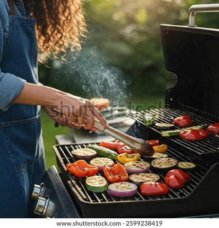 A person is seen from the side, grilling an array of colorful vegetables like zucchini, bell peppers, and eggplant on an outdoor gas grill, with visible smoke rising. Perfect for themes of healthy sum