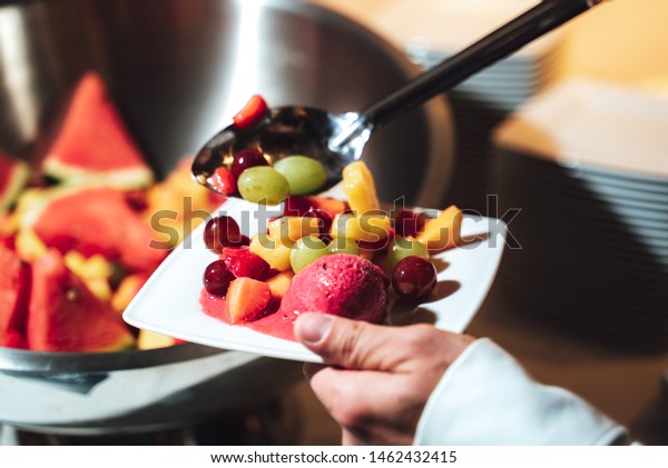 Person Serving Plate Fruit Salad Ice Stock Photo Edit Now 1462432415