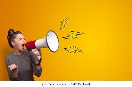 Person shouting lighting bolts with megaphone