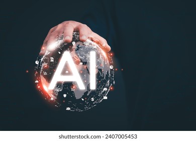 The person showing AI technology that connects information to various systems, concepts, management, digital transformation Internet of Things, Big Data and Business Processes, Automated Operations