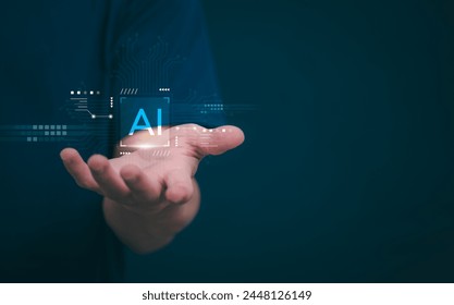 The person showing AI technology that connects information to various systems, concepts, management, digital transformation Internet of Things, Big Data and Business Processes, Automated Operations