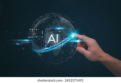 The person showing AI technology that connects information to various systems, concepts, management, digital transformation Internet of Things, Big Data and Business Processes, Automated Operations
