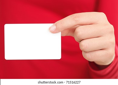 Person Showing Business Card. Closeup Of Woman Holding Blank Empty Business Card.