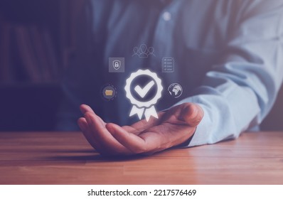 Person shows or get ISO certification standard award in virtual. Quality control or guarantee management process service system. Client, company performance and ISO Certificate standard concept. - Shutterstock ID 2217576469
