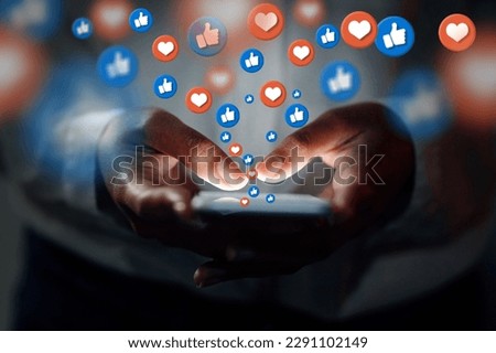 Person, social media icon or hands with phone for communication, typing text or online dating at night. Like, love emojis overlay or user on mobile app screen, chat website or digital network closeup