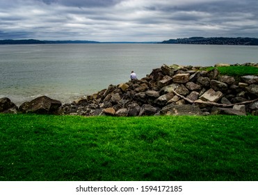 Person Spending Time Alone Along Lake Bank Of Tacoma Washington Park