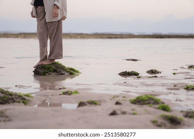 A person standing barefoot on a rocky shore covered with green seaweed, reflecting in shallow water during sunset. The background features a calm sea and a pastel sky. - Powered by Shutterstock