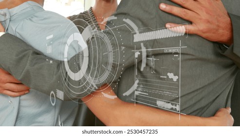 Person standing in front of a green screen, with a futuristic screen superimposed over it. the screen shows various data points and analysis of the person in front of the green screen. - Powered by Shutterstock